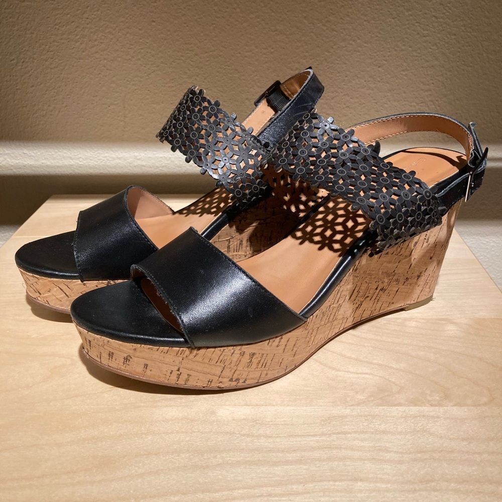 4” Floral Cut Out Black Leather and Cork Sandals